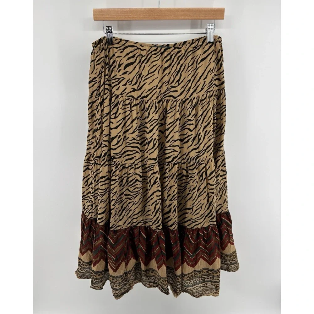 Lauren Ralph Lauren Tiger Stripe Tiered Midi Skirt Sz M Southwestern Boho Hippie